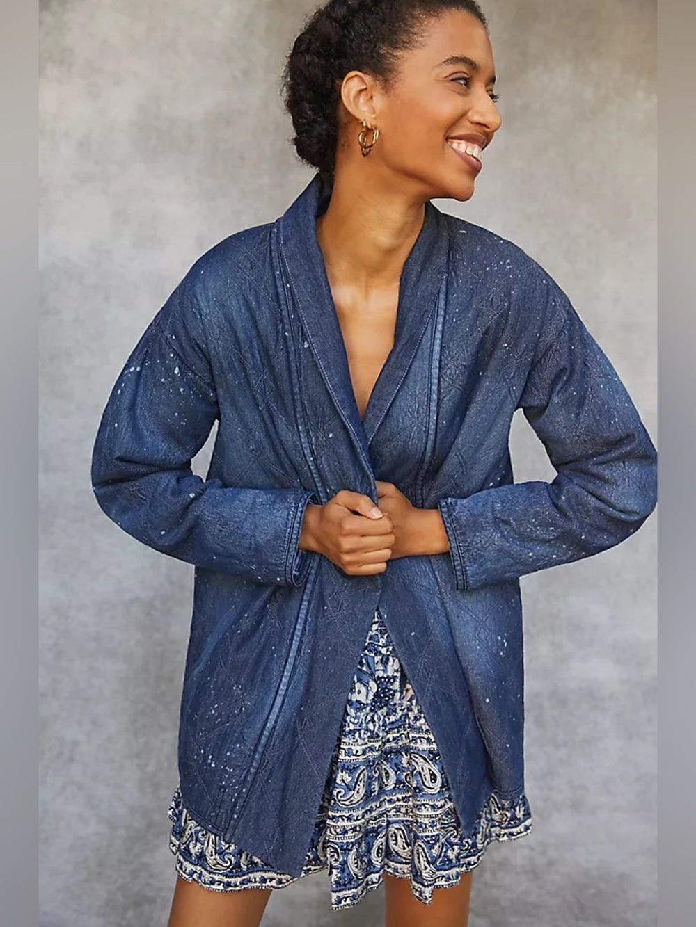 Anthropologie Pilcro Quilted Denim Kimono Jacket S Paint Splatter Plaid Lined